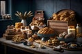 Bakery product assortment with bread loaves, buns, rolls and Danish pastries. Neural network AI generated