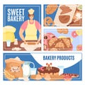 Bakery product banner set, vector illustration. Confectionery symbol, wheat, loaf. Vintage poster collection cake