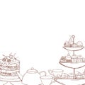 Teapot, cups and cakes, muffins. Vector illustration