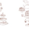 Teapot, cups and cakes, muffins. Vector illustration