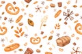 Bakery products, baking print. Pastry seamless pattern. Cute kitchen background