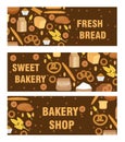 Bakery products banner, flat style. Set of different breads and pastries horizontal board. With inscription fresh bread Royalty Free Stock Photo