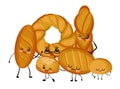 Bakery products, bread of various kinds. Long loaf, baguette, pretzel, kalach and buns. Cartoon characters with eyes on a white