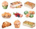 bakery products collection, cupcakes, croissants, sugar cookies, eclairs, watercolor illustration