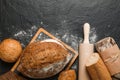 Bakery products composition on black background, top view