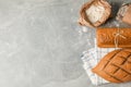 Bakery products composition on grey background, top view