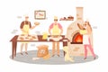 Bakery products concept vector illustration. Bakers kneading dough in bakery. Baking products, bread and pastry
