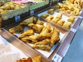 Bakery products display on shelf at supermarket Royalty Free Stock Photo