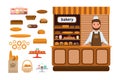 Bakery products and elite bread, sweets, seller in firm apron Royalty Free Stock Photo