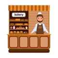 Bakery products and elite bread, sweets, seller in firm apron Royalty Free Stock Photo