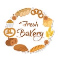 Bakery products frame, flat style. Set of different bread in a round template for text, label, emblem. With inscription Royalty Free Stock Photo