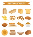 Bakery products icon set, flat style. of different bread and pastry isolated on white background. Flour . Loaf Royalty Free Stock Photo