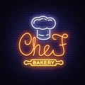 Bakery products logo, fresh bread, loaf. Neon sign, bright banner, shining symbol on the topic of fresh pastries and