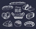 Bakery products set.Bread collection.Hand drawn loafs, croissant,bagel etc illustration with wicker basket.Pastry signs. Royalty Free Stock Photo