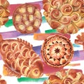 Bakery products in a watercolor style isolated. Sweet dessert illustration. Seamless background pattern.