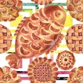 Bakery products in a watercolor style isolated. Sweet dessert illustration. Seamless background pattern.