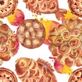 Bakery products in a watercolor style isolated. Sweet dessert illustration. Seamless background pattern.