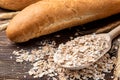 Bakery products on wooden. Baguette, toast bread, crispbreads and bread.