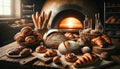 Bakery products on a wooden table. Bakery concept. Bakery background. Generative AI