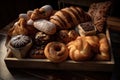 Bakery products on a wooden table. Pastries and croissants, Generative AI