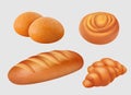 Bakery realistic. Breakfast food pastries, loaf, buns, bagels, pretzel slice bread vector products illustrations Royalty Free Stock Photo