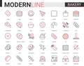 Bakery flat thin red black line icon vector illustration set, sweet food dessert outline pictogram collection with baker Royalty Free Stock Photo