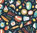 Bakery retro seamless pattern with dots and floral elements. Vector illustration.