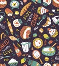 Bakery retro vector seamless pattern with dots and floral elements.