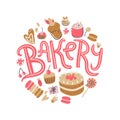 Bakery round illustration. Cakes, candies and chocolate.