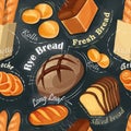 Bakery seamless pattern. Long loaf, rye bread, baguette