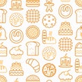 Bakery seamless pattern with thin line icons: toast bread, pancakes, flour, croissant, donut, pretzel, cookies, gingerbread man,