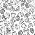 Bakery seamless vector pattern. Fresh organic bread, cupcake, croissant, loaf, bun. Gluten free baked goods. Sweet