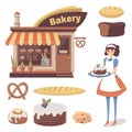 Bakery set with pastry store building, baked goods, girl baker or waitress character. Cartoon flat food. Vector isolated