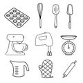 Bakery set of vector design elements on white background, kitchen tools. Vector Kitchen grip, rolling pin, mixer in Royalty Free Stock Photo