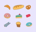 Bakery and shaped baking tools. Hand drawn doodle. Sweets, cookies, donut, marshmallows, pizza, cakes, dessert, pastries