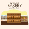 Bakery shelf with bread in supermarket, big choice of fresh products sale in food shop interior, store vector Royalty Free Stock Photo