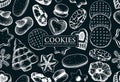 Bakery shop background on chalkboard. Popular cookies seamless pattern. Italian pastry sketches. Cookies with almond, chocolate,