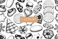 Bakery shop background design. Vector cookies seamless pattern. Italian pastry sketches. Cookies with almond, chocolate, jam,