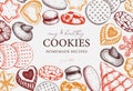 Bakery shop background. Popular cookies vector frame design. Italian pastry sketches. Cookies with almond, chocolate, jam,