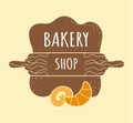 Bakery shop. Bread and sweet pastry with lettering text. Kitchen chef emblem, Food preparing course sign, packaging