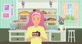 Bakery shop, cartoon happy chef baker woman character holding piece of chocolate cake Royalty Free Stock Photo