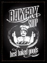 Bakery shop chalk sign with baker portrait showing thumbs up two hands, chalkboard style vector menu with wheat ears Royalty Free Stock Photo