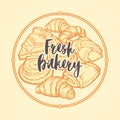 Bakery shop emblem, badge and logo. Delicious croissants, pies and buns. Vintage design.
