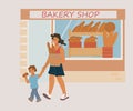 Bakery shop facade with people buying fresh bread