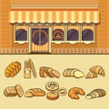 Bakery shop facade and set of colorful food icons.