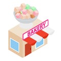 Bakery shop icon isometric vector. Rahat lokum in vase for sweet store building