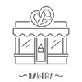 Bakery shop icon. Patisserie front with signboard. Pastry store. Facade of market. Outline vector illustration.