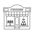 Bakery shop icon. Patisserie front with signboard. Pastry store. Facade of market. Outline vector illustration.