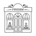 Bakery shop icon. Patisserie front with signboard. Pastry store. Facade of market. Outline vector illustration.