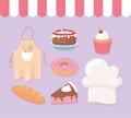 Bakery shop icons donut cake cupcake donut hat and apron